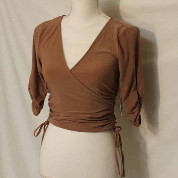 HAUTE MONDE TAN WRAP BLOUSE SIZE SMALL V-NECK FRONT GATHERED 3/4 SLEEVE TIES NWT - Picture 11 of 11